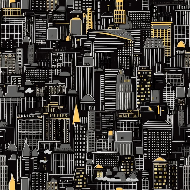 Uma ilustração em preto e dourado de uma paisagem urbana com prédios e um prédio ao fundo.