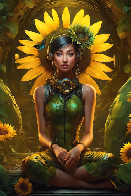 Uma ilustração encantadora de uma mulher adornada com flores que incorporam a essência da natureza