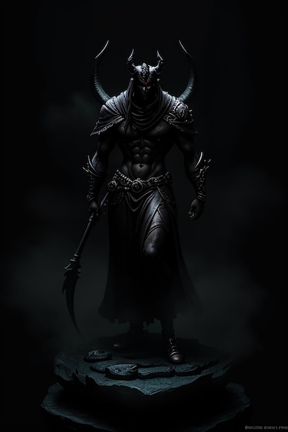 Uma ilustração escura de um homem com uma espada na mão.