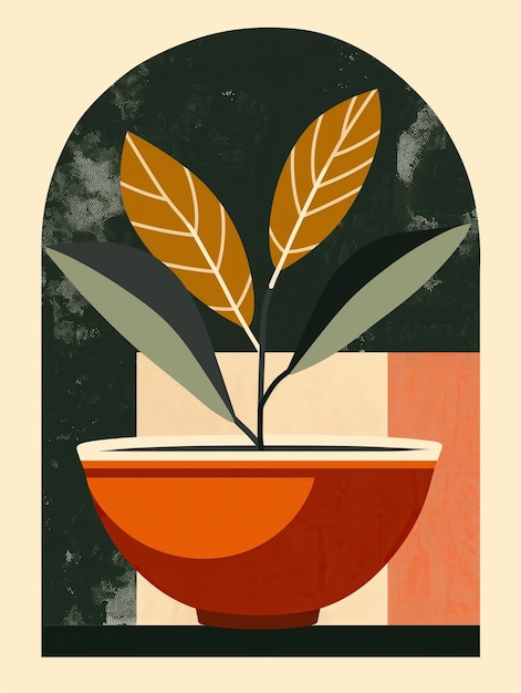Uma ilustração estilizada de uma planta em vaso com tons quentes de outono e formas gráficas modernas perfeitas para uma decoração interior aconchegante