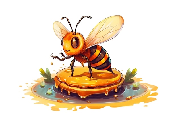 Uma ilustração estilo cartoon de uma abelha e mel contra um fundo branco AI