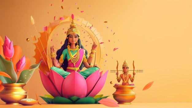 Foto uma ilustração festiva para akshaya tritiya mostrando a deusa lakshmi em um lótus com sotaques dourados personificando riqueza e bem-estar banner com espaço de cópia