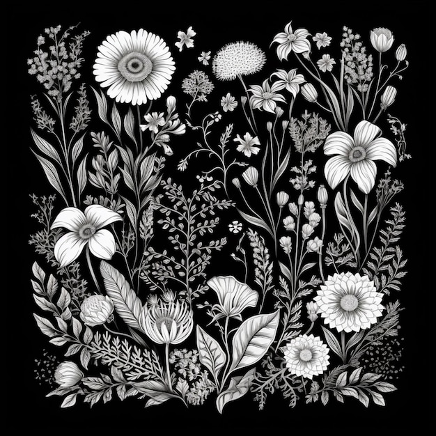 uma ilustração floral em preto e branco com flores e folhas ai generativa