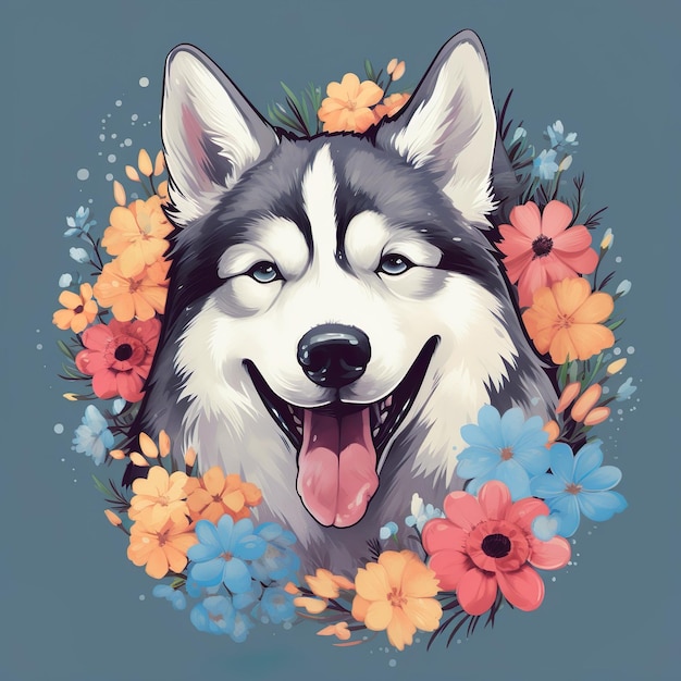 Uma ilustração floral fofa e sorridente de cachorro husky gerada por IA