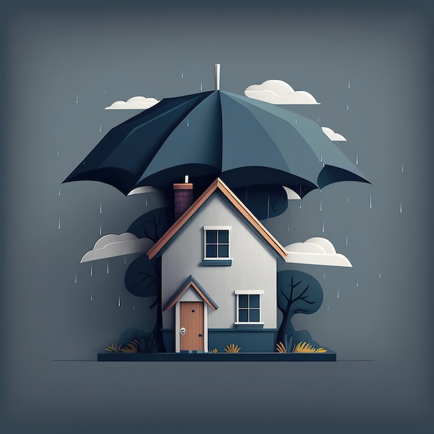 uma ilustração gerada de perto de casa e guarda-chuva com chuva