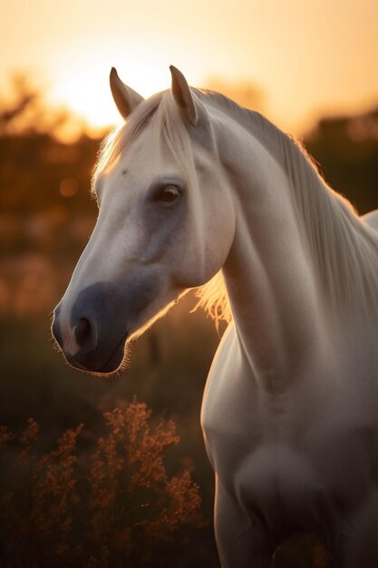 Uma ilustração gerada pela IA de um cavalo branco está de pé em um campo de grama verde exuberante