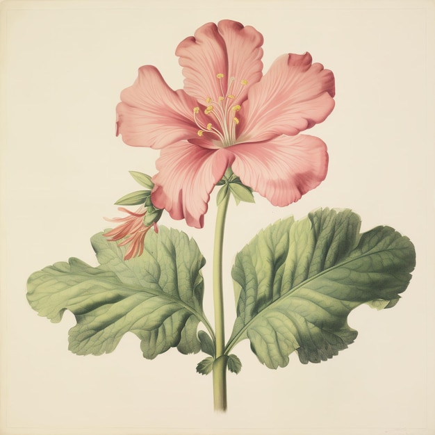 Uma ilustração gerada pela IA de uma flor rosa vibrante com folhas verdes