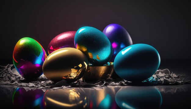 Uma ilustração gerada por IA de ovos de Páscoa decorativos de cores brilhantes em um fundo escuro