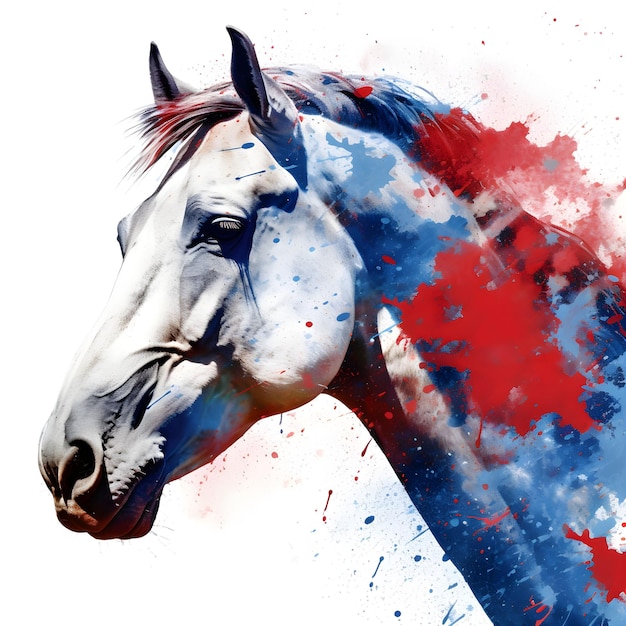 Uma ilustração gerada por IA de um belo cavalo branco pintado com marcas vermelhas