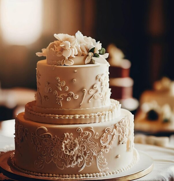 Uma ilustração gerada por IA de um bolo de casamento com detalhes intrincados e decorado com rosas