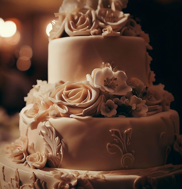 Uma ilustração gerada por IA de um bolo de casamento com detalhes intrincados e decorado com rosas