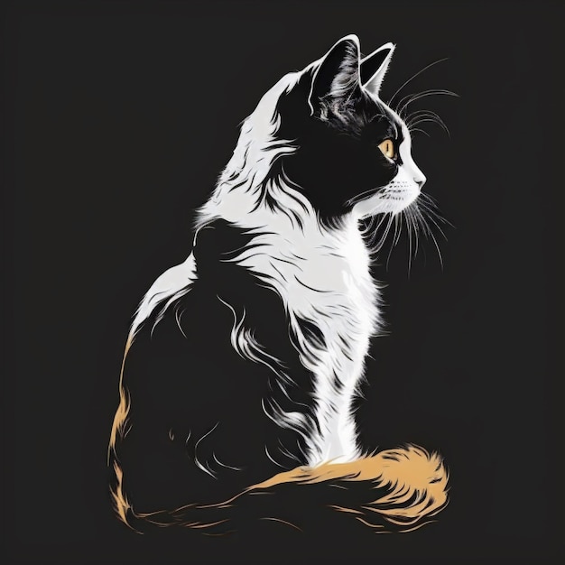 Uma ilustração gerada por IA de um esboço simples de um gato adorável em um fundo preto