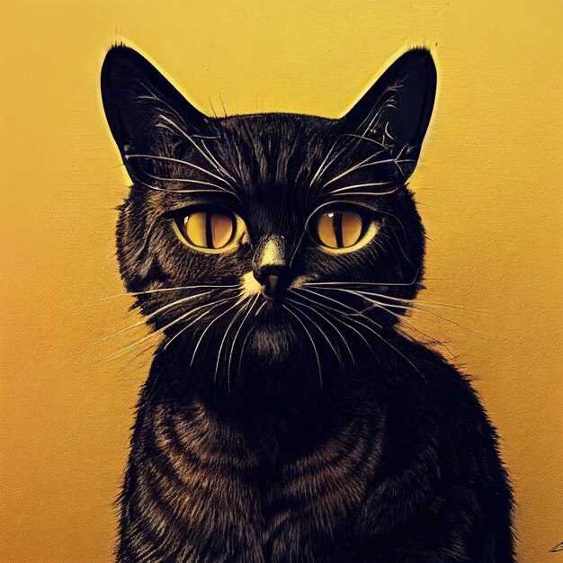 Uma ilustração gerada por IA de um gato preto em fundo amarelo