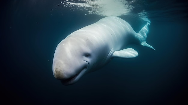 Uma ilustração gerada por IA de uma baleia branca com um longo focinho nadando debaixo d'água contra um fundo azul claro