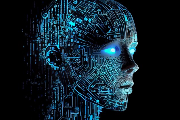 Uma ilustração gerada por IA de uma cabeça robótica cercada por códigos binários em fundo escuro