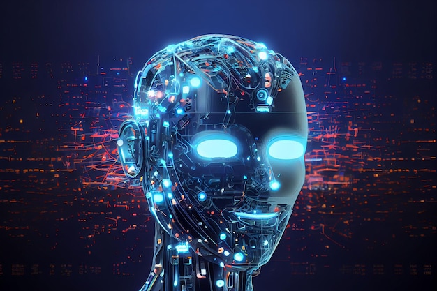 Uma ilustração gerada por IA de uma cabeça robótica cercada por códigos binários em fundo escuro