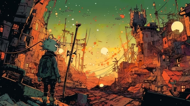 Uma ilustração gerada por IA de uma figura alienígena caminhando por uma cidade cibernética, estilo de quadrinhos