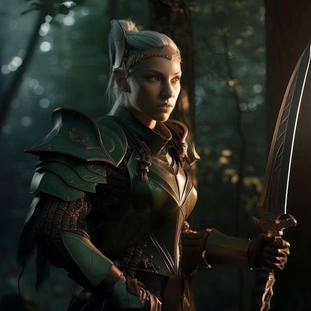 Uma ilustração gerada por IA de uma guerreira orgulhosamente em uma floresta exuberante, equipada com uma espada e um escudo em sua armadura verde