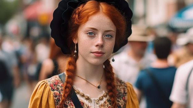 Uma ilustração gerada por IA de uma jovem mulher de cabelo vermelho vestindo um vestido tradicional inglês.