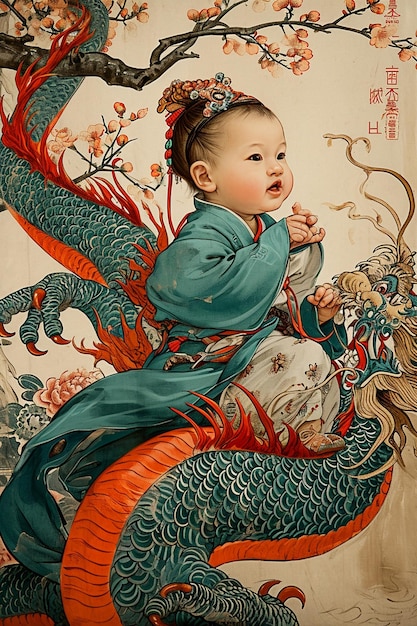 Uma ilustração gráfica de um bby montando um dragão do zodíaco chinês