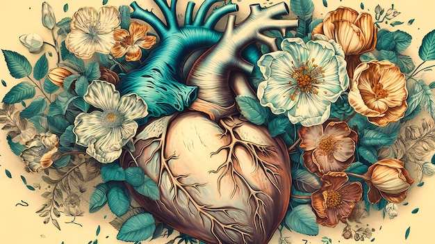 Uma ilustração impressa de um coração com flores ao seu redor