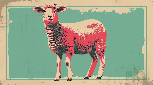 Uma ilustração inspirada na arte pop retro de uma ovelha A ovelha é rosa e branca com uma expressão serena em seu rosto