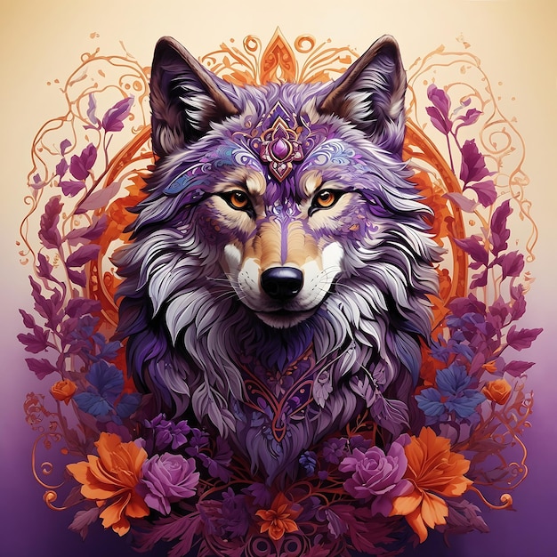 Uma ilustração intrincadamente detalhada de um lobo majestoso cercado por um vibrante roxo Ai Gerado