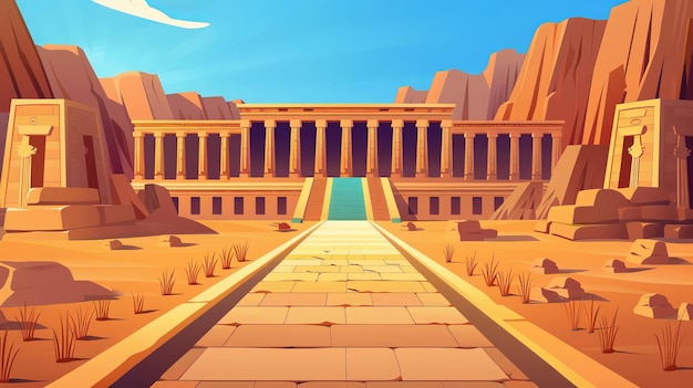 Foto uma ilustração moderna de desenho animado do templo funerário egípcio da rainha hatshepsut na antiga paisagem do deserto com tumbleweeds é um marco egípcio mundialmente famoso e é um mundialmente famoso