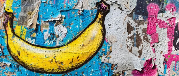 Uma ilustração moderna de uma banana graffiti com vazamentos e pdops em um estilo de graffiti urbano O ícone da banana é desenhado à mão e texturizado com contorno preto e enchimento amarelo