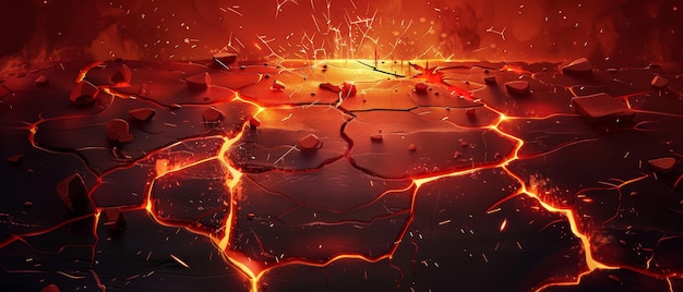 Foto uma ilustração moderna realista de terreno vulcânico derretido quebrado com fratura acidente energia brilhante queima relâmpago flares flutuantes e fumaça