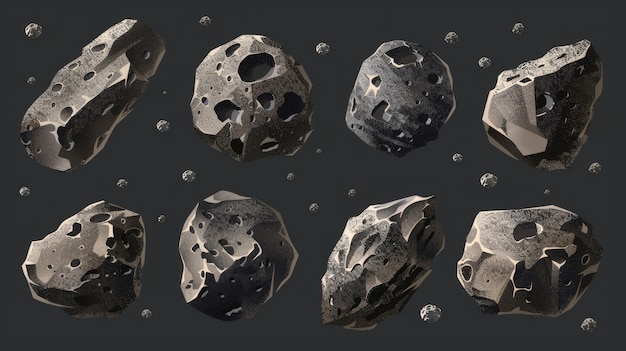 Uma ilustração moderna realista de um cinturão de asteróides com rochas e meteoros voando em falta de gravidade com várias formas