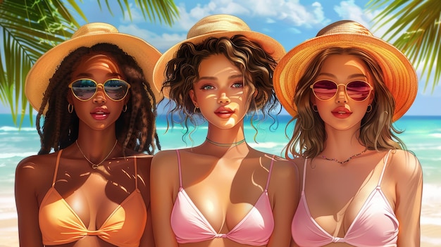 Uma ilustração mostrando um belo conjunto de meninas em diferentes poses deitadas em belos trajes de banho na praia no verão