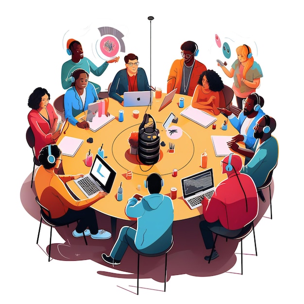 Uma ilustração mostrando um grupo diversificado de pessoas se reunindo para o dia do Podcast