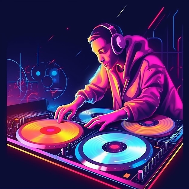 Uma ilustração neon de um DJ com um DJ usando fones de ouvido.