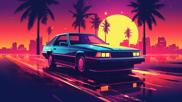 Uma ilustração no estilo das vibrações de verão dos anos 80 com um carro retrostyle dirigindo-se para o pôr-do-sol.