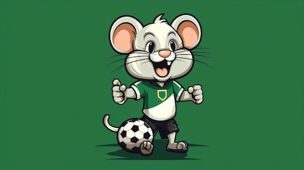 Uma ilustração plana de mascote esportiva de rato fofo vestindo um uniforme de futebol e jogando futebol