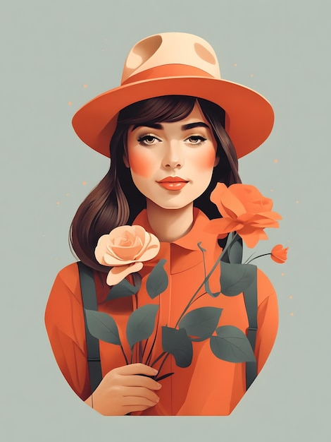 Uma ilustração plana de uma garota usando um chapéu e segurando flores