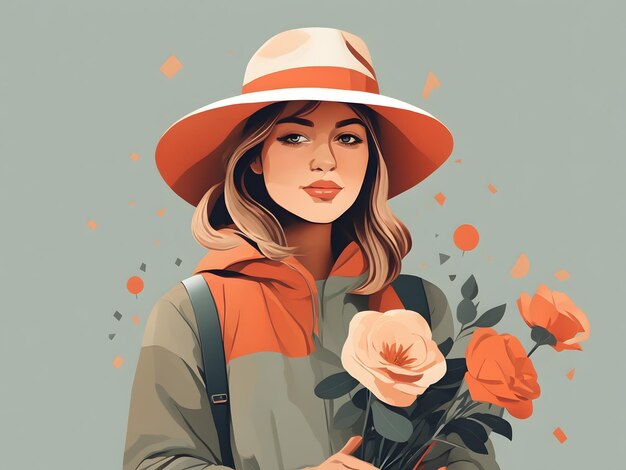 Uma ilustração plana de uma garota usando um chapéu e segurando flores