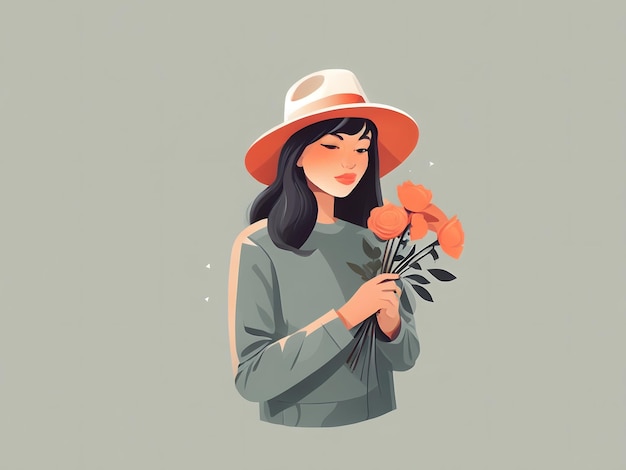 Uma ilustração plana de uma garota usando um chapéu e segurando flores