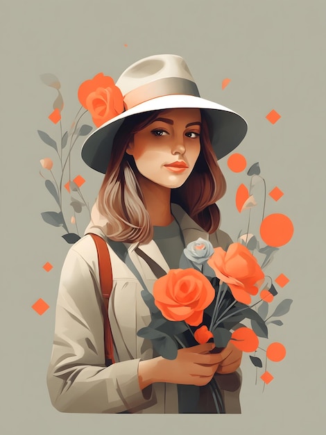 Uma ilustração plana de uma garota usando um chapéu e segurando flores