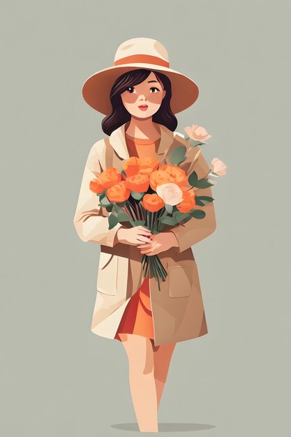 Uma ilustração plana de uma garota usando um chapéu e segurando flores