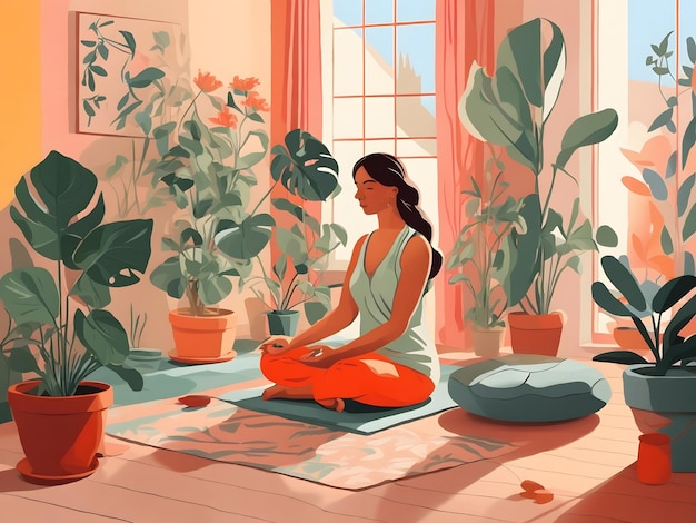 Foto uma ilustração plana de uma senhora meditando