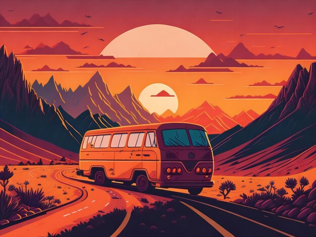Foto uma ilustração plana de uma van dirigindo por uma estrada sinuosa da califórnia