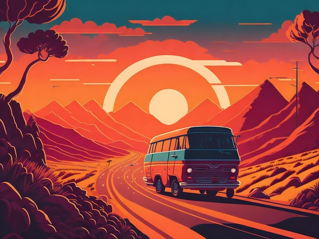 Uma ilustração plana de uma van dirigindo por uma estrada sinuosa da Califórnia