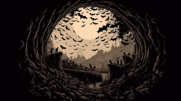 Uma ilustração preto e branco de morcegos voando em uma caverna escura.