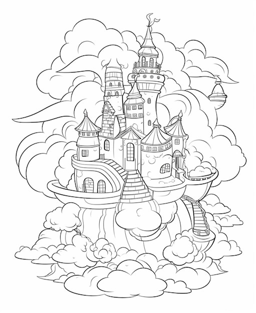 Uma ilustração preto e branco de um castelo com uma torre nas nuvens.