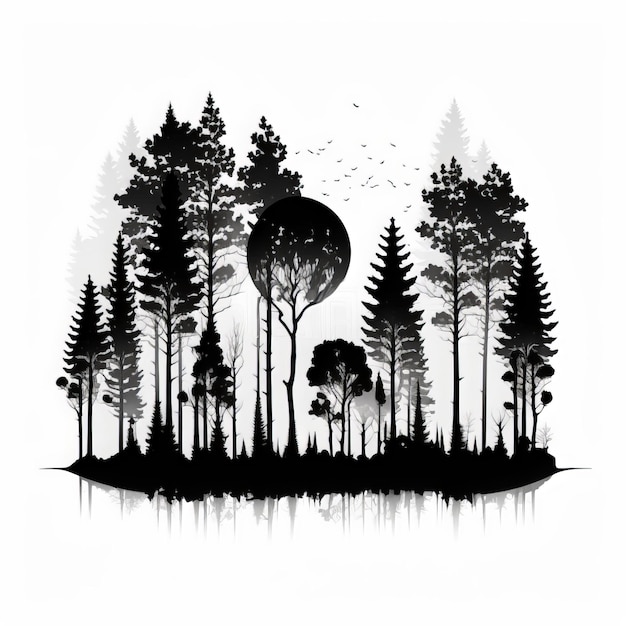 Uma ilustração preto e branco de uma floresta com pássaros voando ao seu redor.