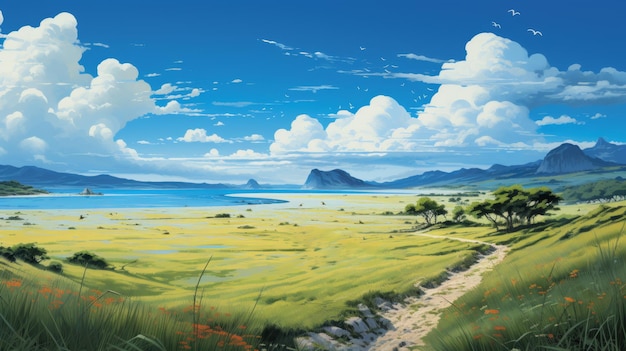 uma ilustração que mostra a beleza serena da paisagem das pradarias das ilhas do Pacífico. abrace a simplicidade tranquila e a escala panorâmica das paisagens holandesas e das vistas sufocantes da costa. tons delicados