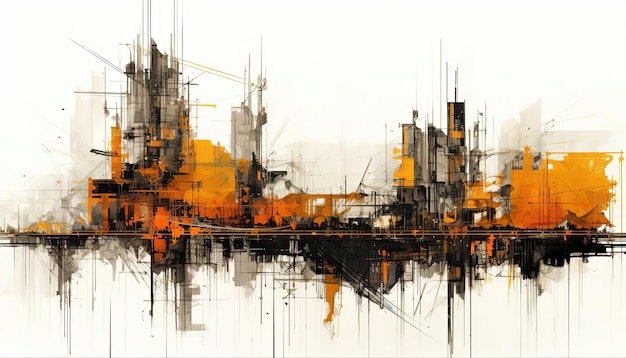 uma ilustração que mostra uma cidade com muitos guindastes no estilo laranja e âmbar
