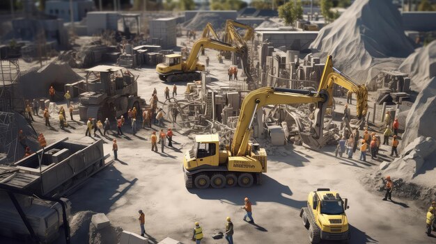 Uma ilustração realista de foto de canteiro de obras Generative AI Construction pessoas escavadeira concreto